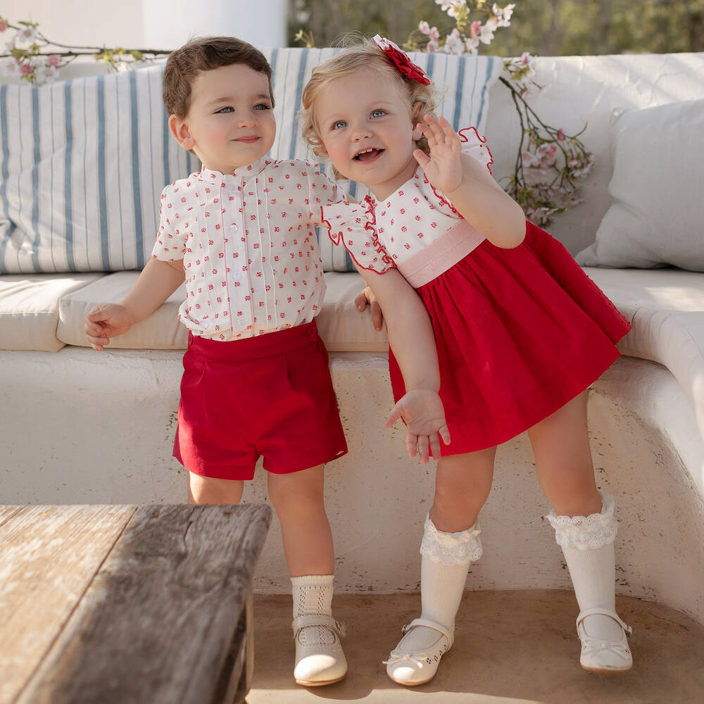 Miranda-طقم شورت قطن تويل لون أحمر وأبيض للأولاد | Childrensalon Outlet