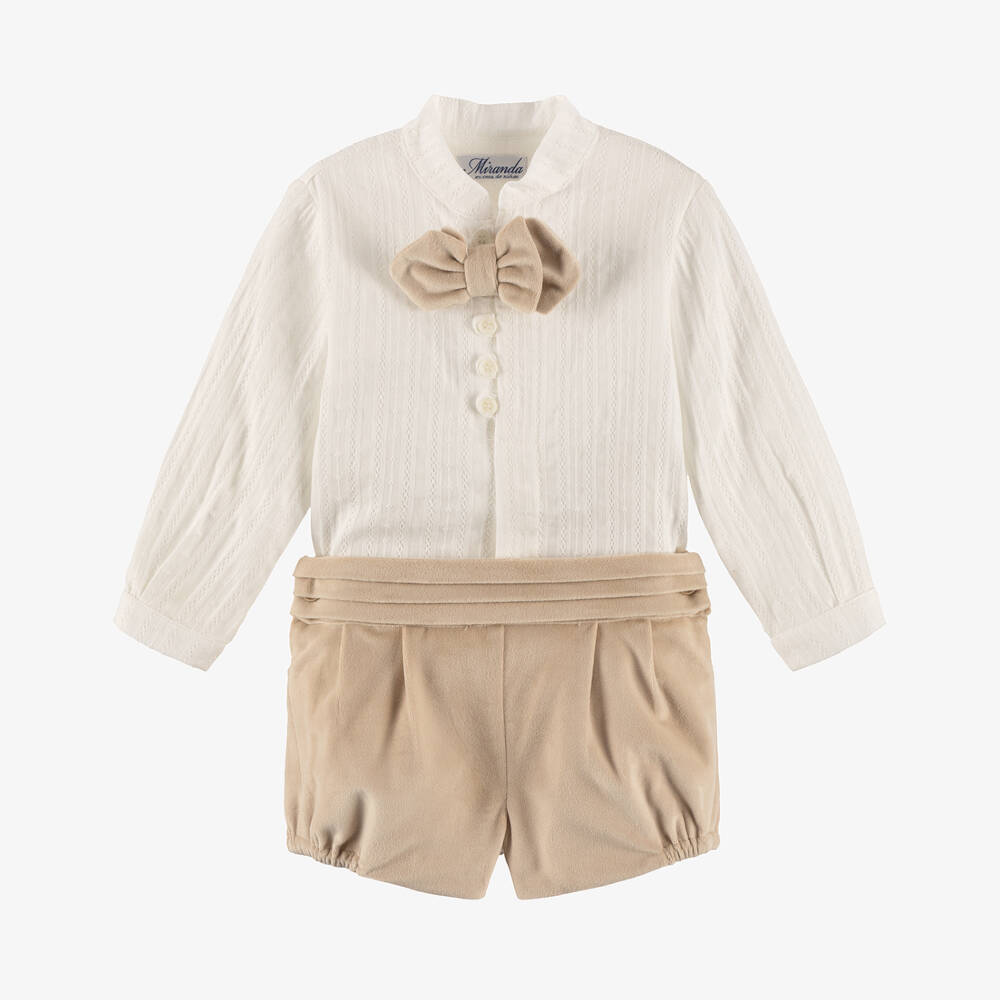 Miranda-طقم شورت مخمل عاجي-بيج للأولاد | Childrensalon Outlet