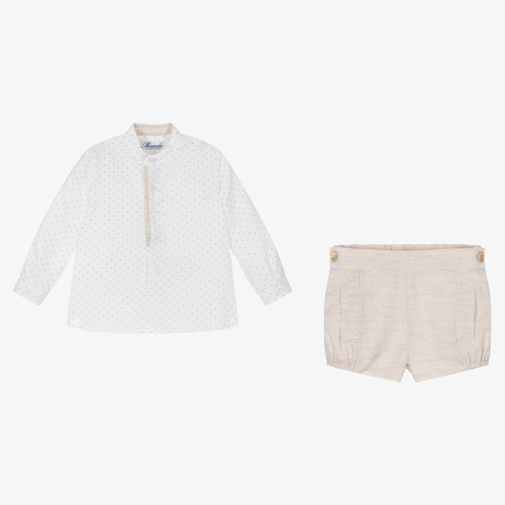 Miranda-Белая рубашка в горошек и бежевые шорты | Childrensalon Outlet