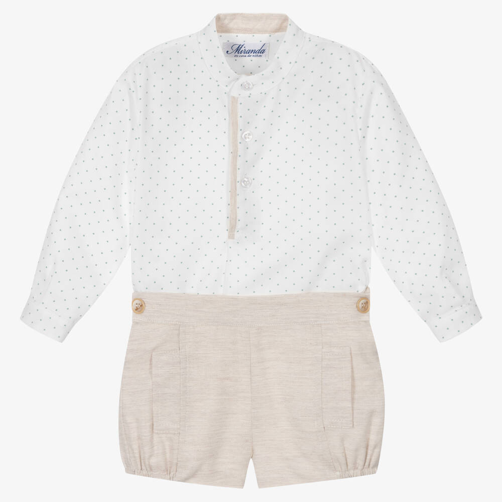 Miranda - Boys White & Beige Spot Shorts Set | Childrensalon