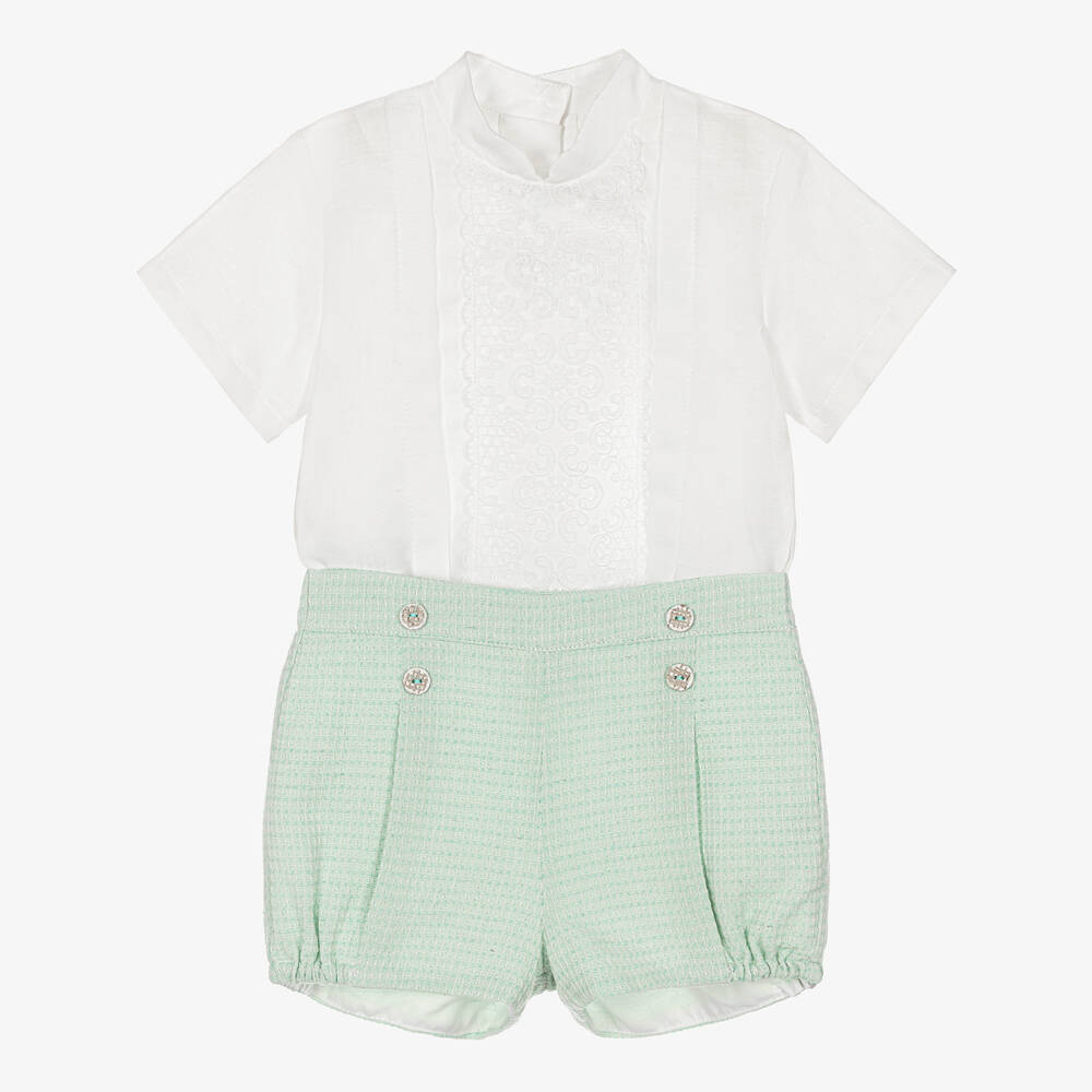Miranda - Boys White & Green Linen Shorts Set | Childrensalon