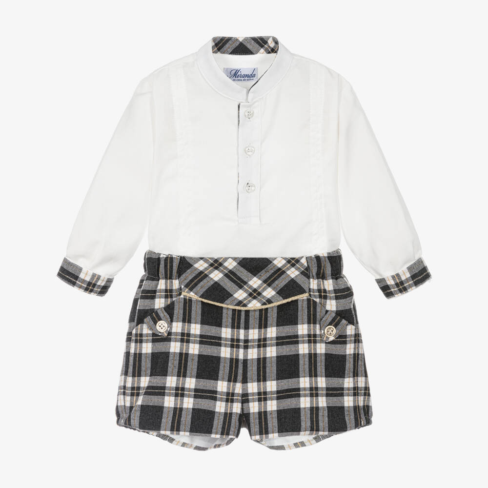 Miranda-Boys White & Grey Tartan Shorts Set | Childrensalon Outlet