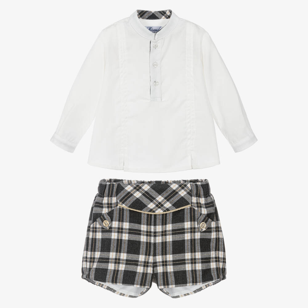 Miranda-Boys White & Grey Tartan Shorts Set | Childrensalon Outlet