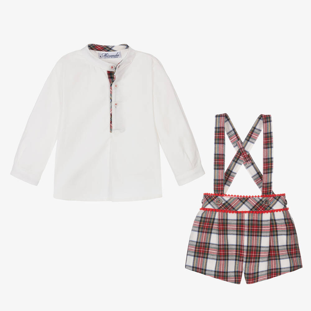 Miranda-Boys White & Red Tartan Shorts Set | Childrensalon Outlet