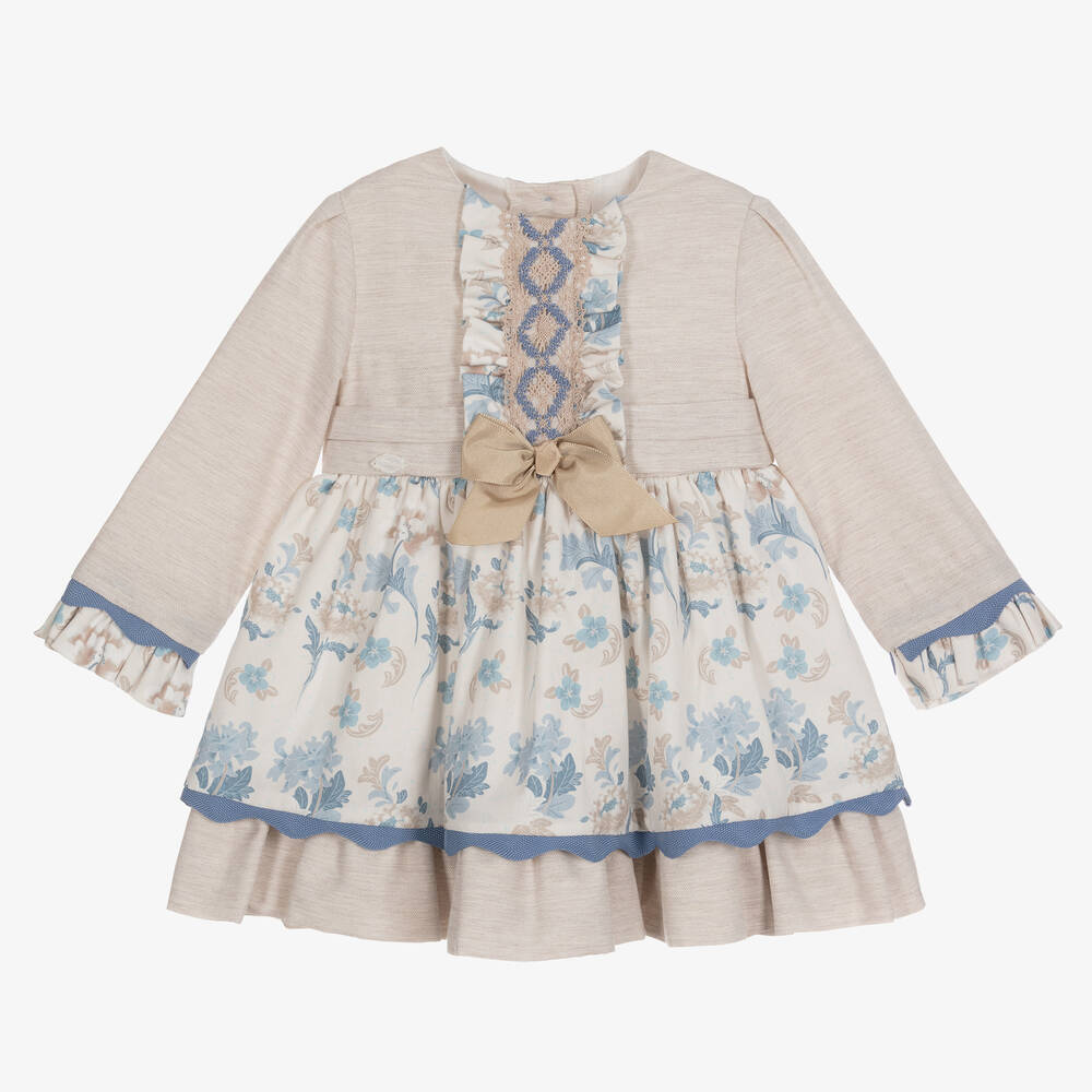 Miranda - Girls Beige & Blue Floral Cotton Dress | Childrensalon