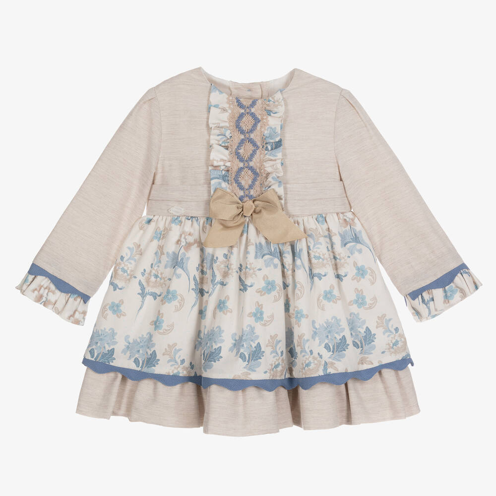 Miranda-Бежево-голубое хлопковое платье с цветами | Childrensalon Outlet