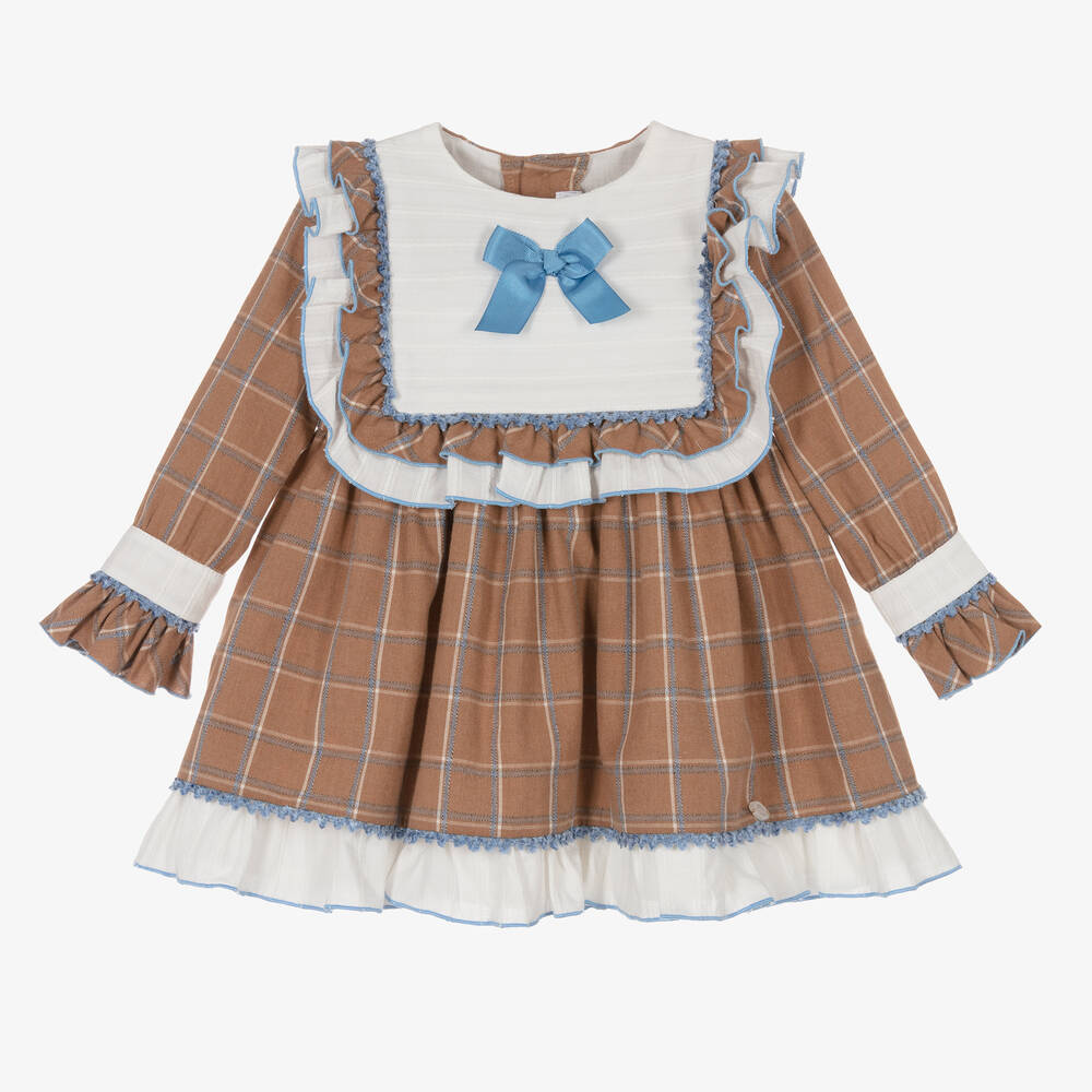 Miranda - Girls Beige Cotton Check Dress | Childrensalon
