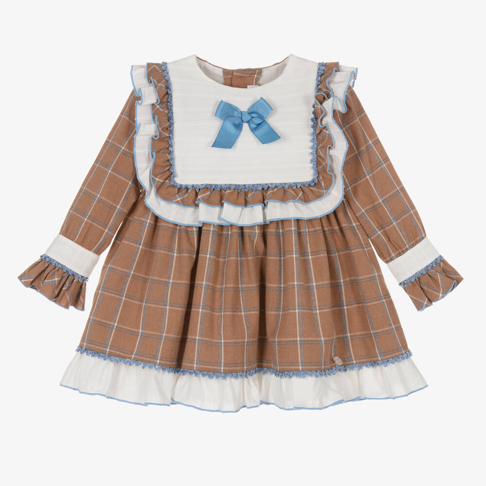 Miranda-Girls Beige Cotton Check Dress | Childrensalon Outlet
