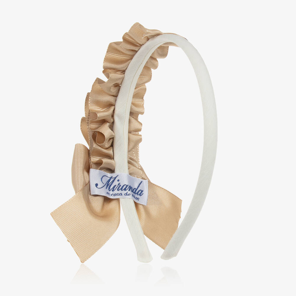 Miranda-Girls Beige Gold Grosgrain Ribbon Hairband | Childrensalon Outlet