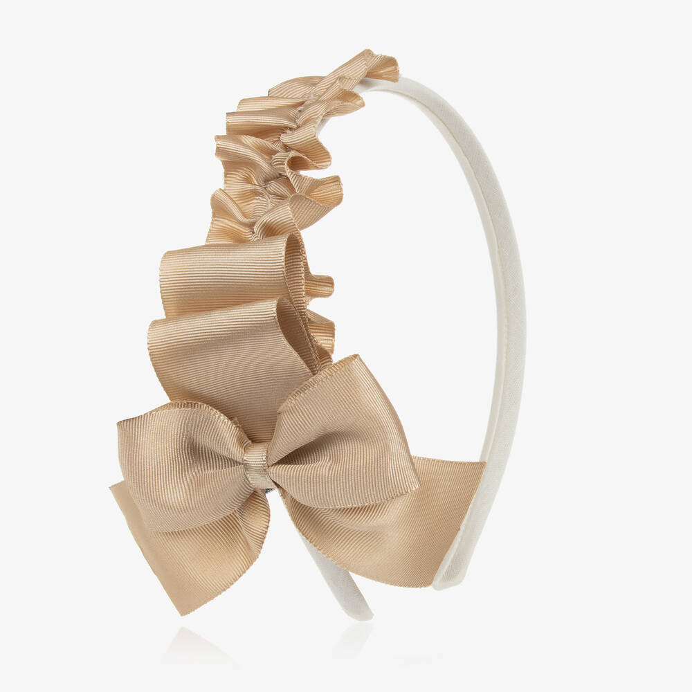 Miranda-Girls Beige Gold Grosgrain Ribbon Hairband | Childrensalon Outlet