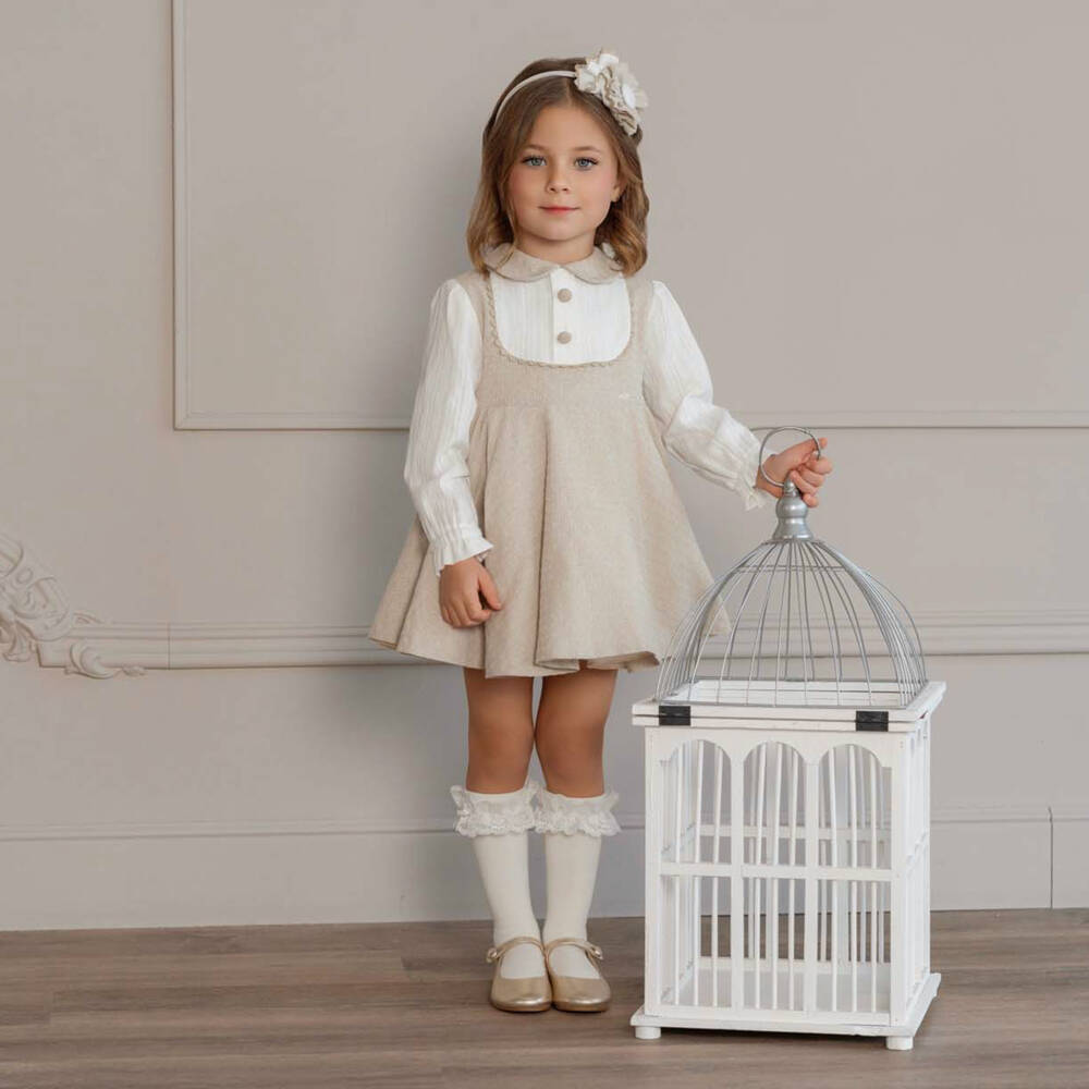Miranda-فستان بيج محبوك بياقة للبنات | Childrensalon Outlet