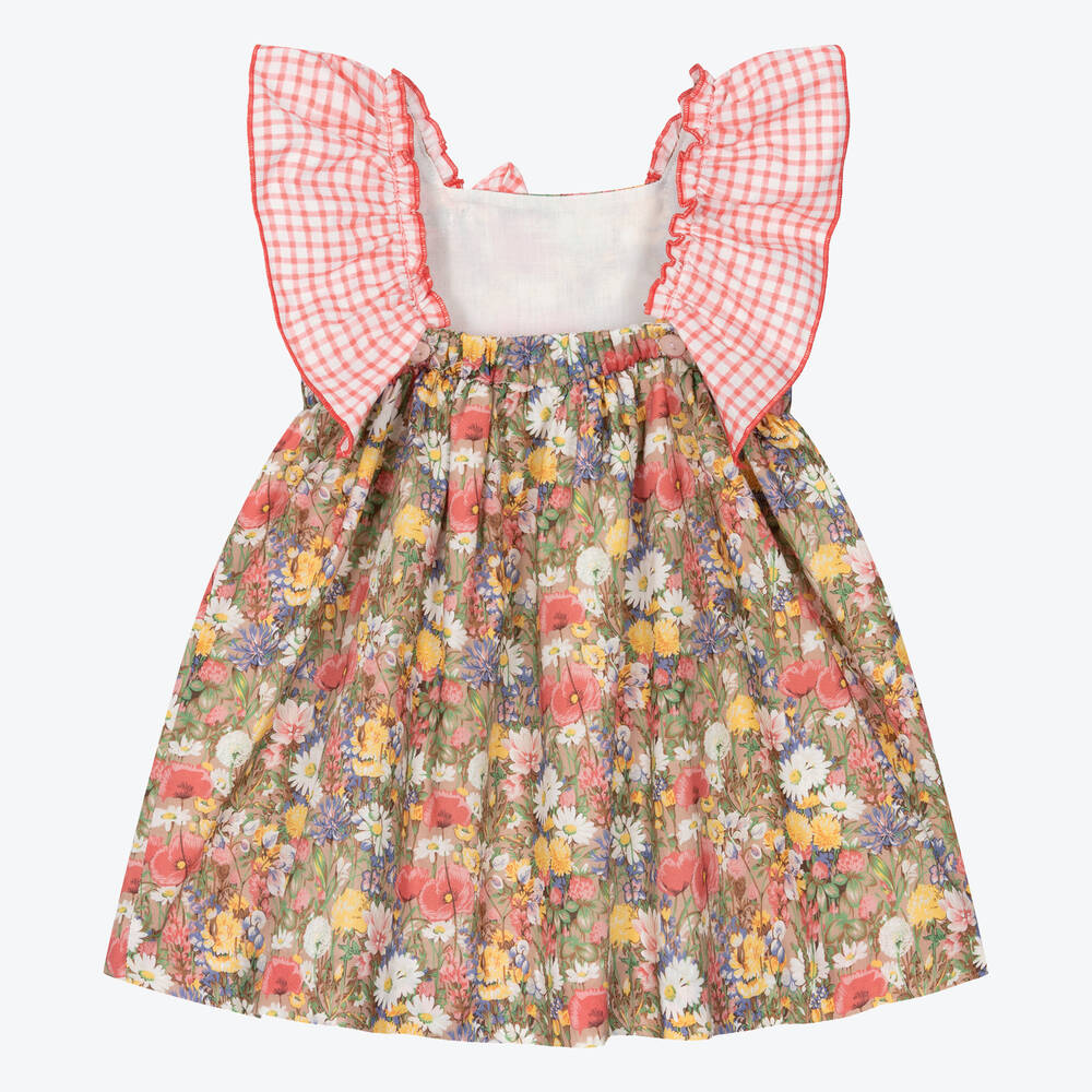 ميراندا-فستان قطن لون بيج وزهري بطبعة ورود | Childrensalon Outlet