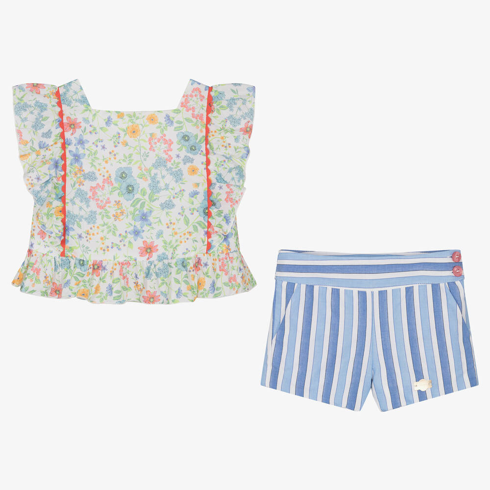 ميراندا-طقم شورت قطن لون أزرق بطبعة ورود للبنات | Childrensalon Outlet