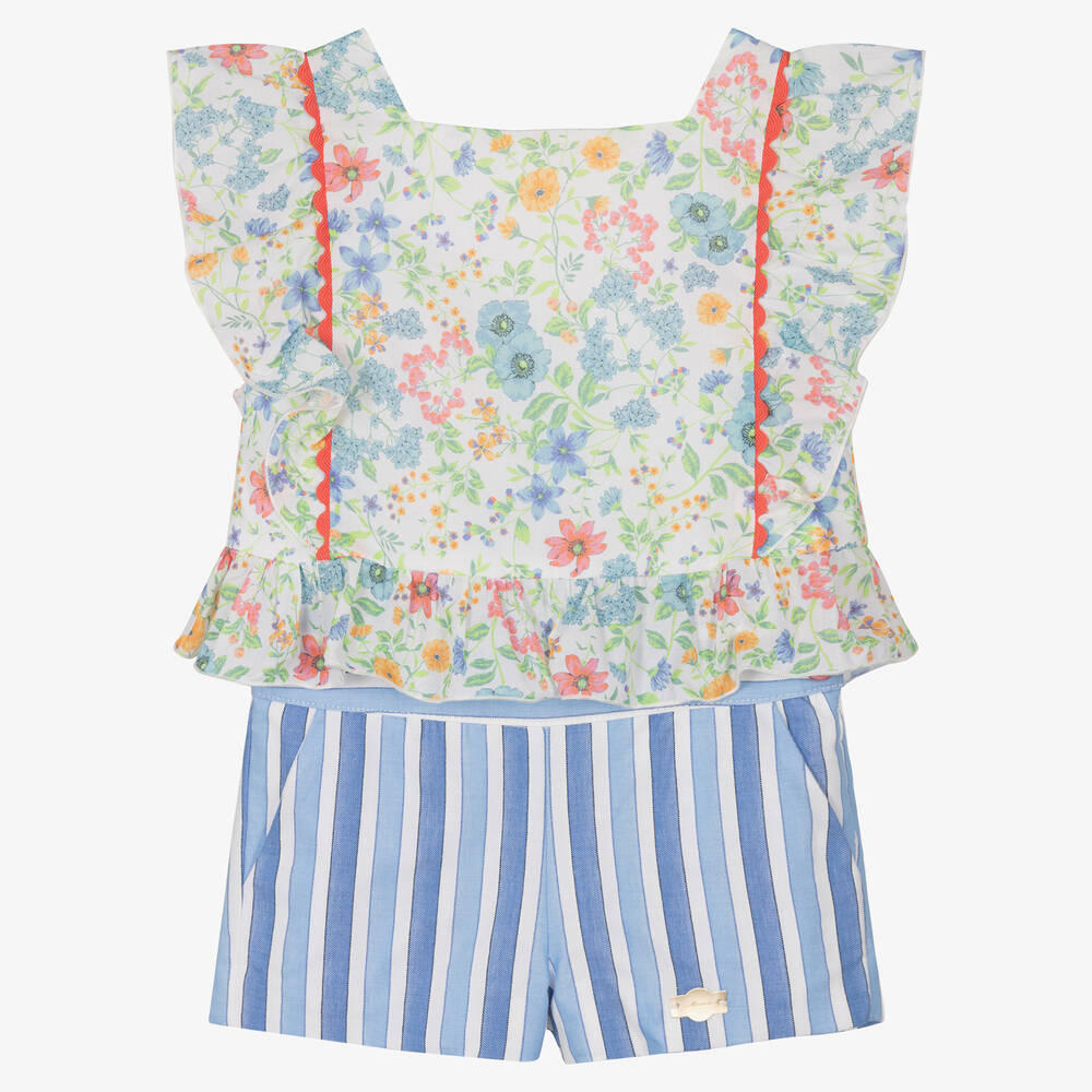 Miranda - Blaues Baumwoll-Blumentop & Shorts | Childrensalon