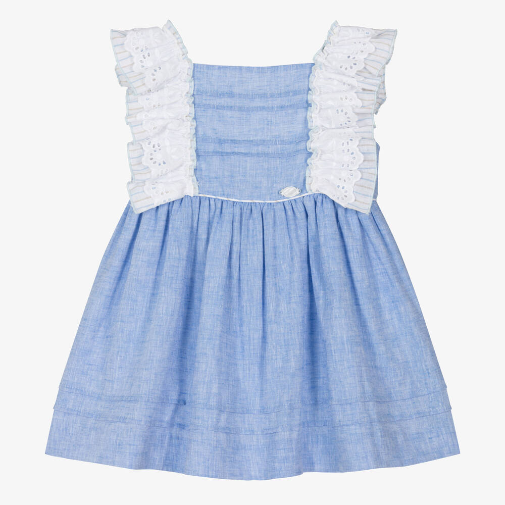 Miranda-Girls Blue Cotton & Linen Dress | Childrensalon Outlet
