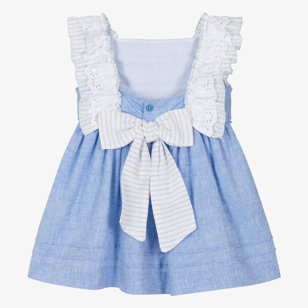 Miranda-Girls Blue Cotton & Linen Dress | Childrensalon Outlet