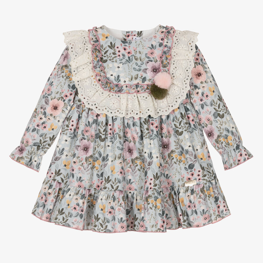 Miranda - Girls Blue & Pink Floral Cotton Dress | Childrensalon