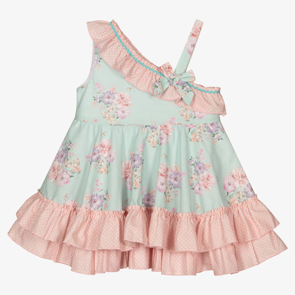 Miranda - Girls Blue & Pink Frill Dress | Childrensalon