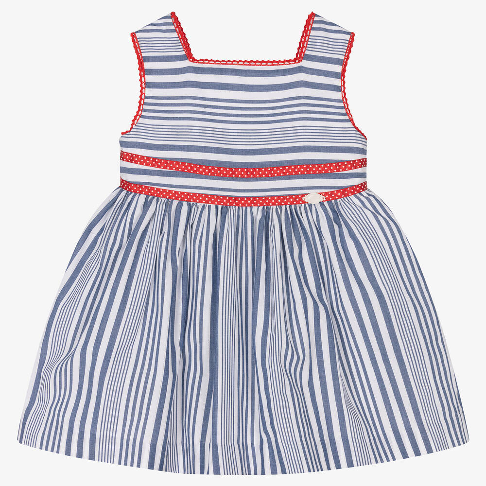 Miranda - Girls Blue Striped Cotton Dress | Childrensalon