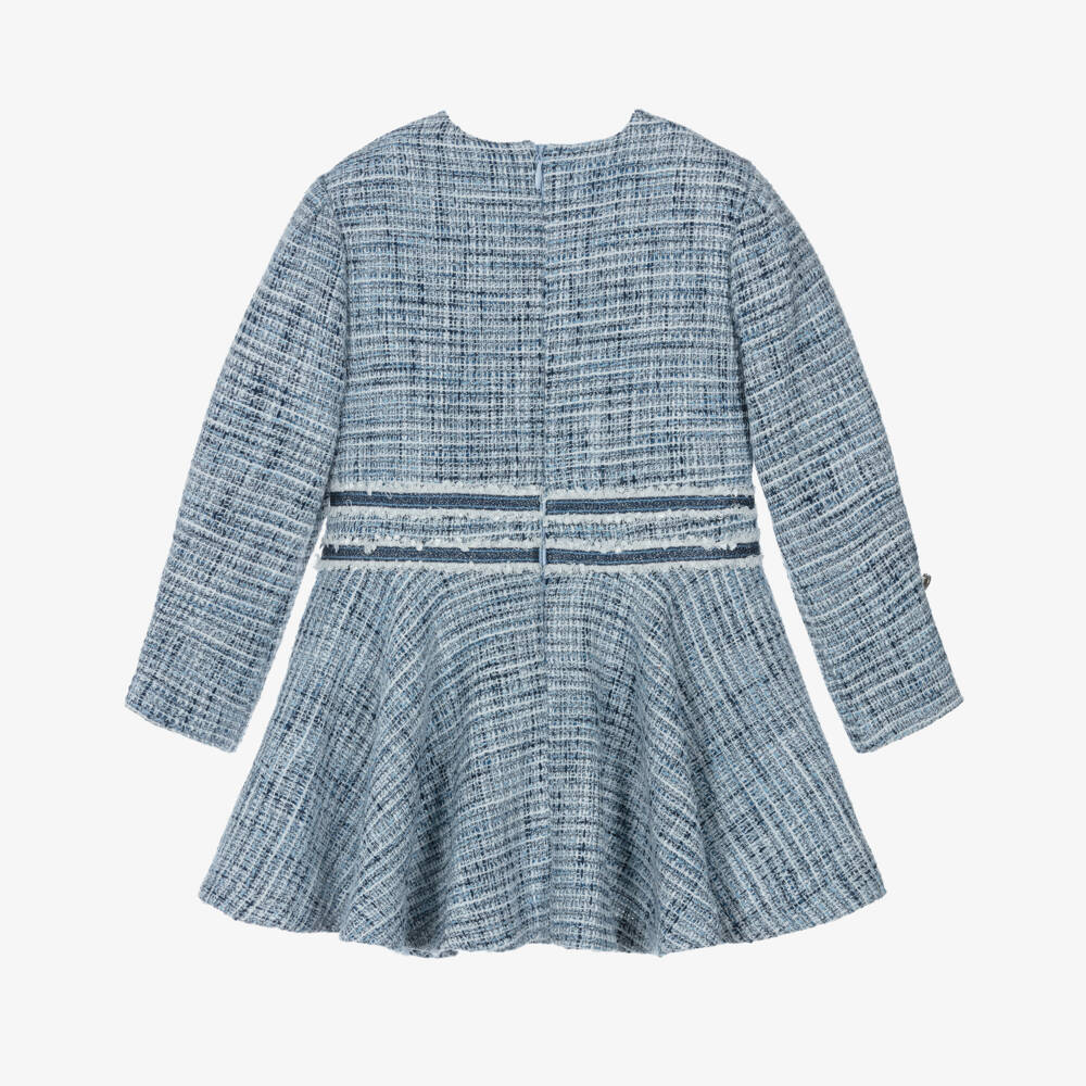 Miranda-Girls Blue Tweed Dress with Velvet Bow | Childrensalon Outlet