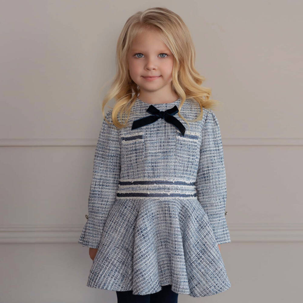 Miranda-Girls Blue Tweed Dress with Velvet Bow | Childrensalon Outlet