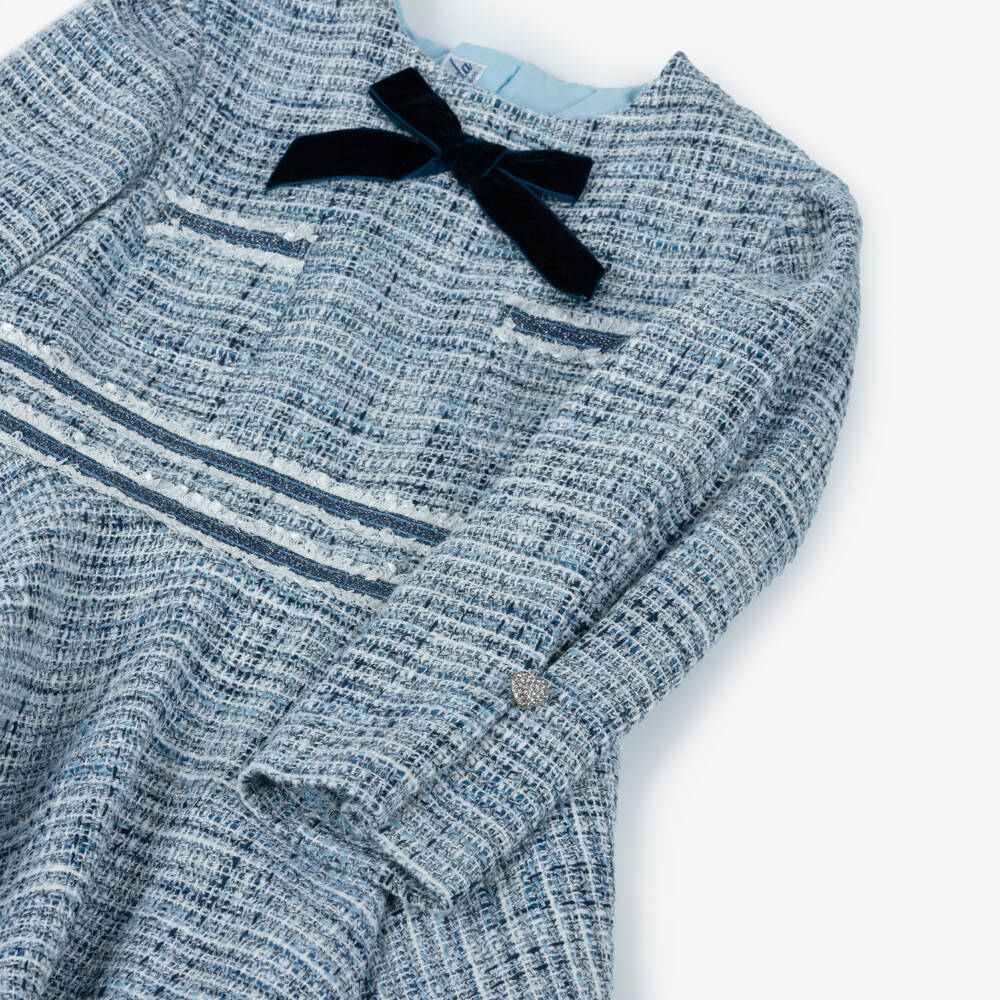 Miranda-Girls Blue Tweed Dress with Velvet Bow | Childrensalon Outlet