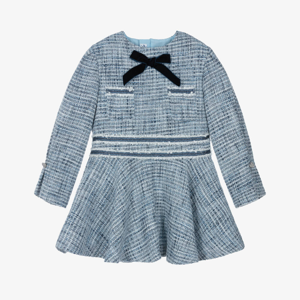 Miranda-Girls Blue Tweed Dress with Velvet Bow | Childrensalon Outlet