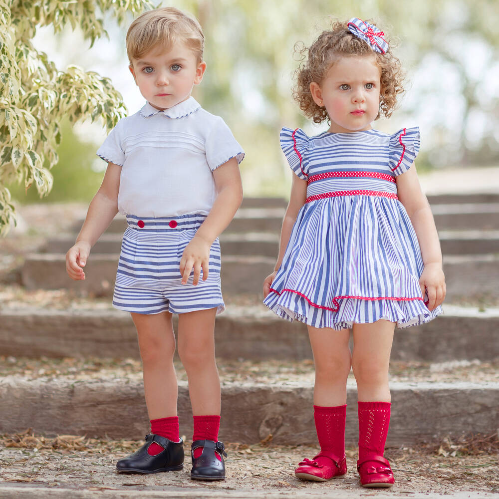 ميراندا-فستان أطفال بناتي قطن مقلم لون أزرق وأبيض | Childrensalon Outlet