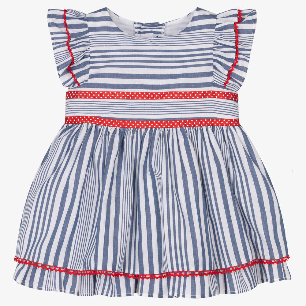 Miranda - Girls Blue & White Striped Cotton Dress | Childrensalon