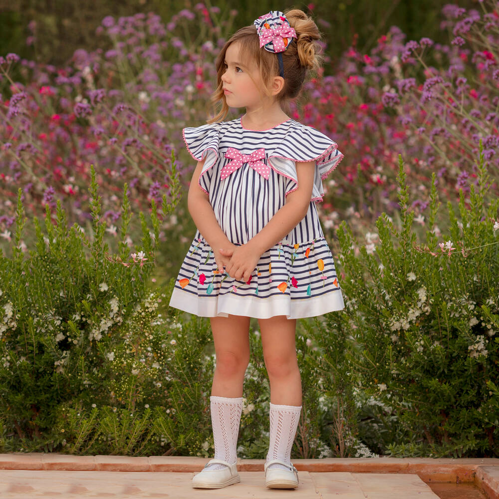 Miranda-Girls Blue & White Striped Flower Dress | Childrensalon Outlet