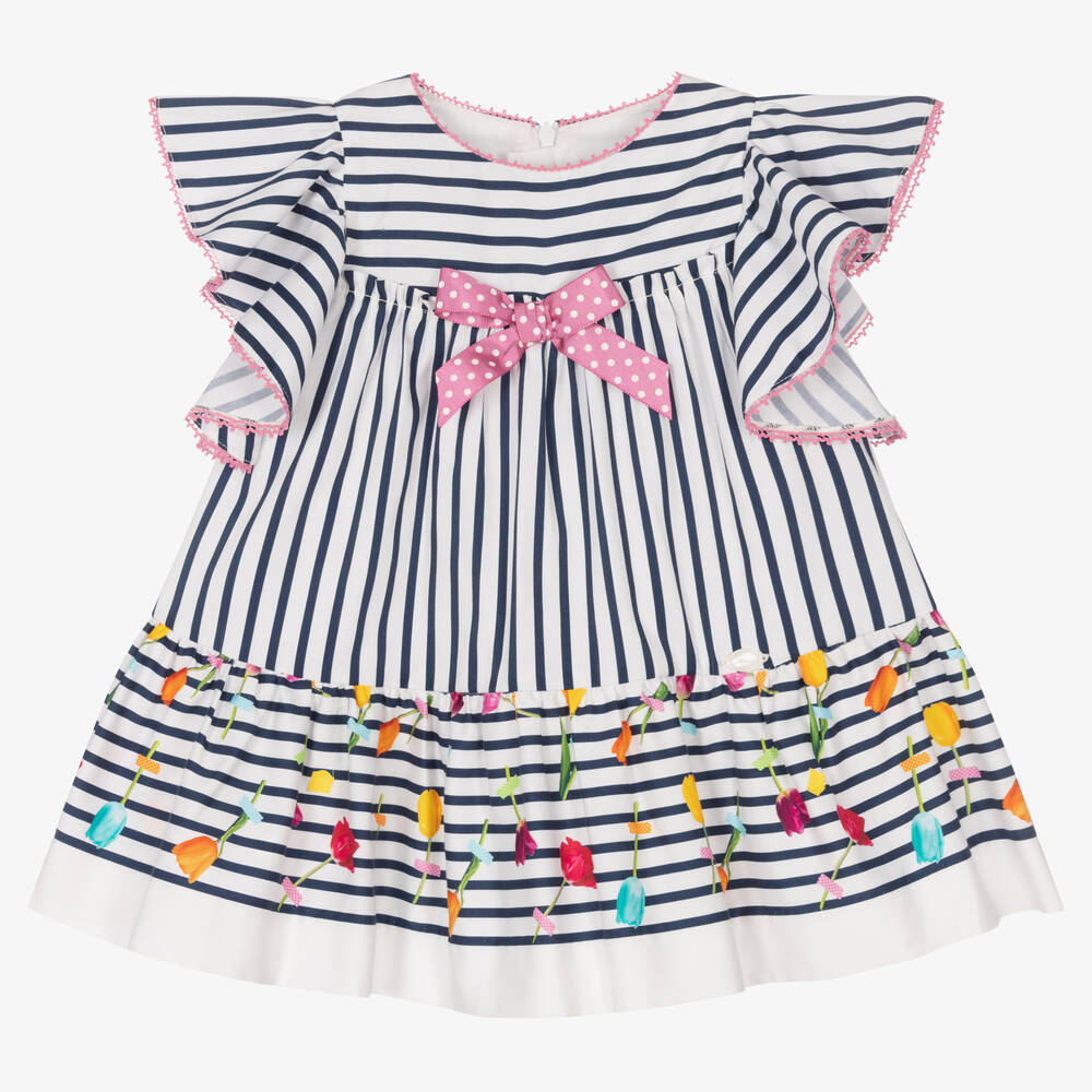 Miranda - Girls Blue & White Striped Flower Dress | Childrensalon