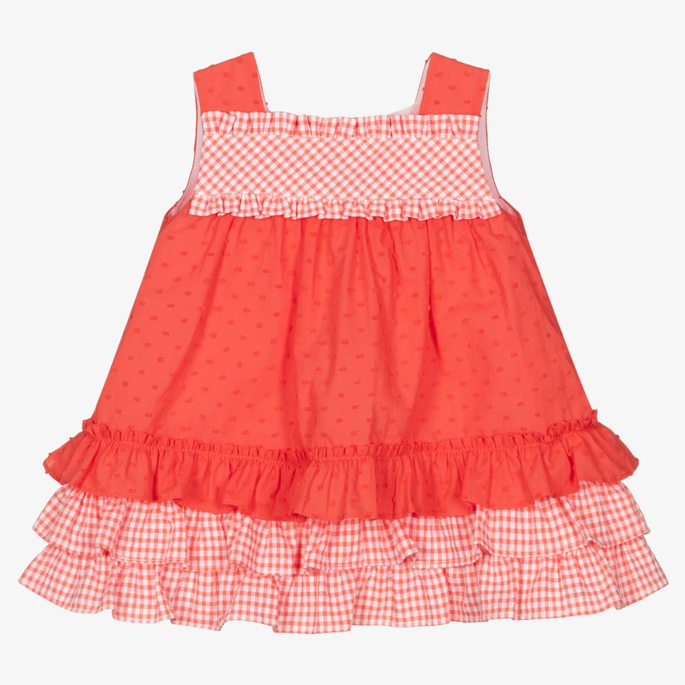Miranda - Girls Coral Pink Cotton Dress  | Childrensalon