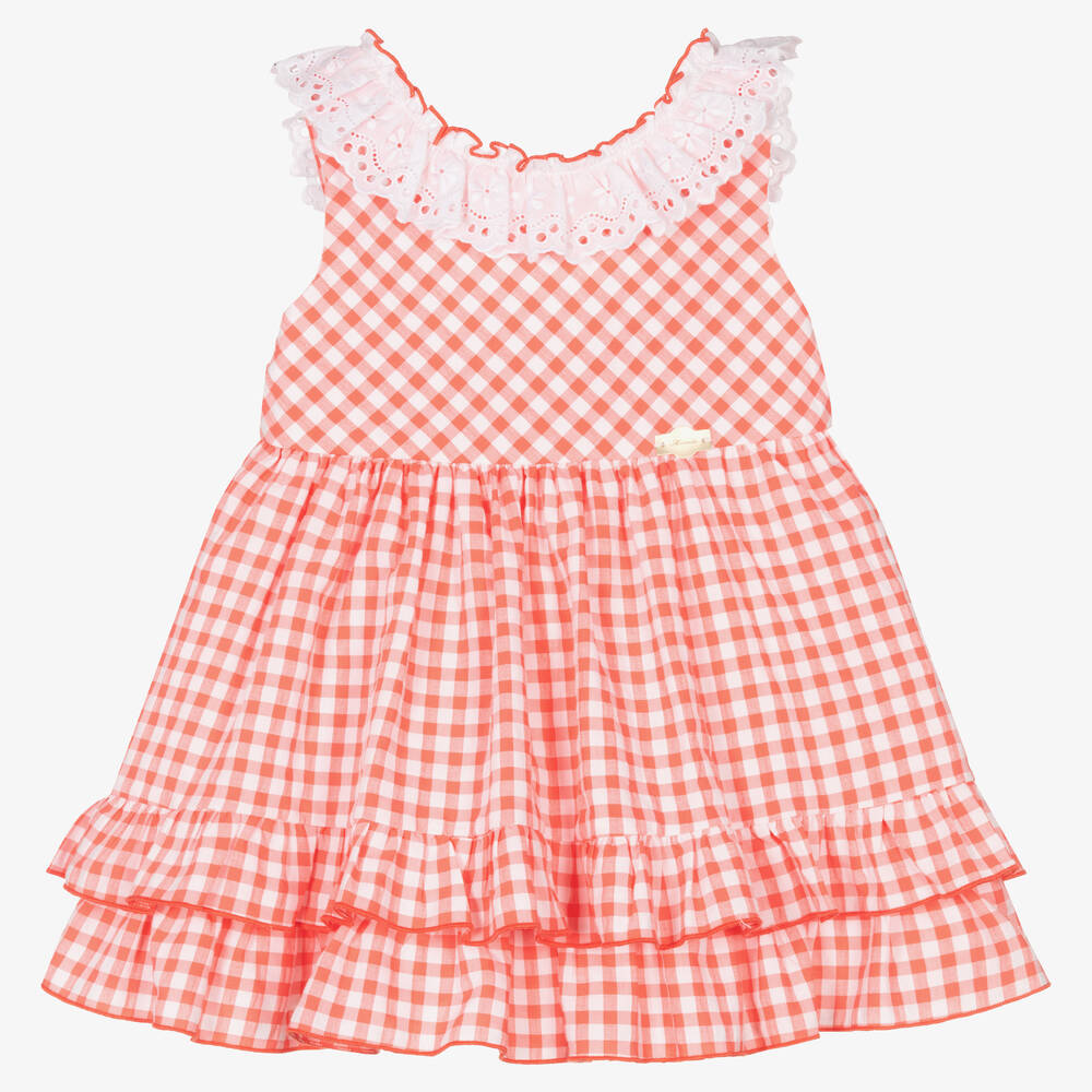 Miranda - Girls Coral Pink Gingham Cotton Dress | Childrensalon