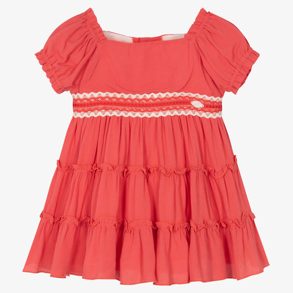 Miranda - Girls Coral Red Lace Dress | Childrensalon