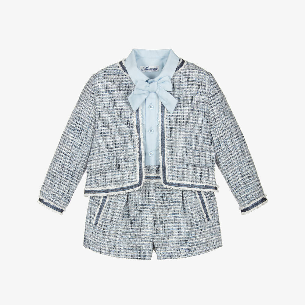 Miranda-Girls Elegant Blue Tweed Shorts Ensemble | Childrensalon Outlet