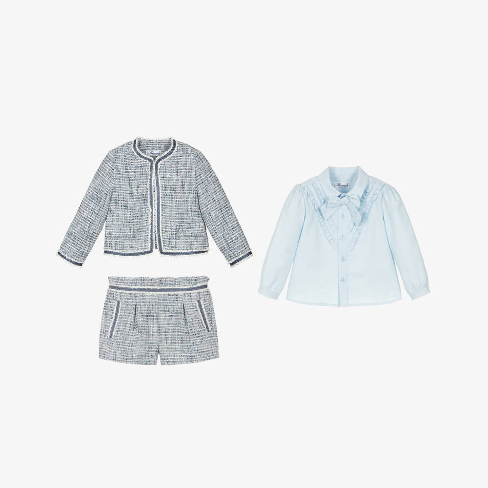 Miranda-Girls Elegant Blue Tweed Shorts Ensemble | Childrensalon Outlet