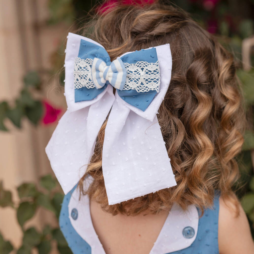 Miranda-Girls Elegant Blue & White Lace Bow Clip | Childrensalon Outlet