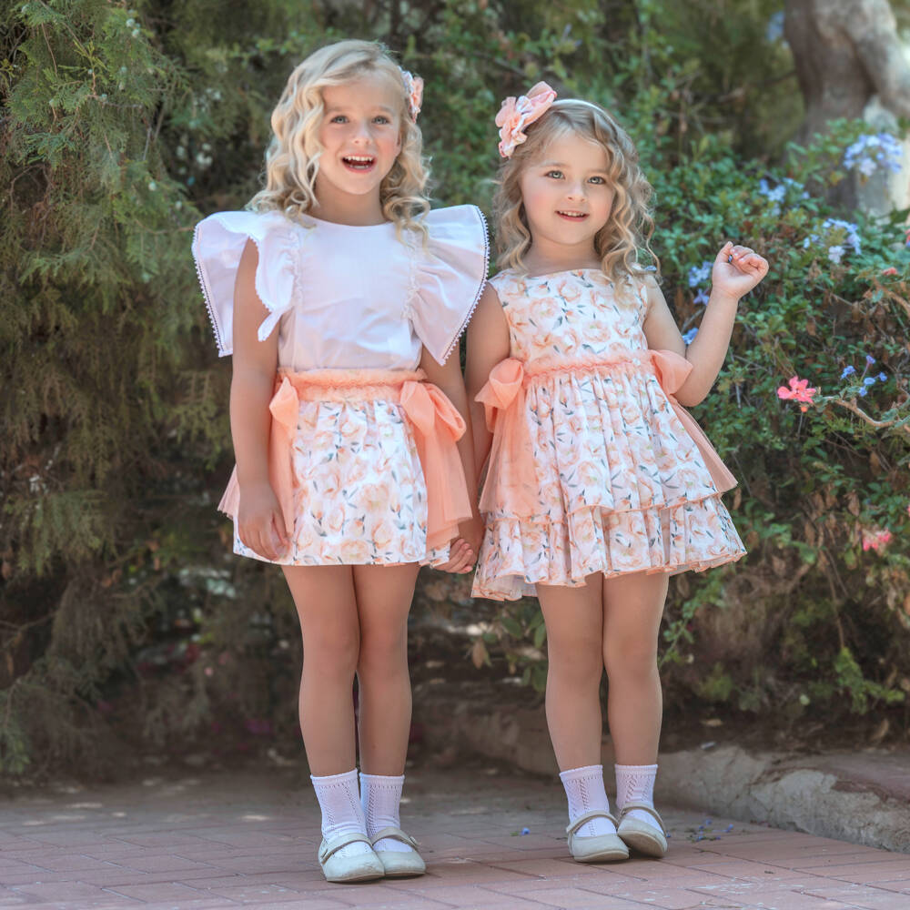 Miranda-Girls Floral Peach & White Skirt Ensemble | Childrensalon Outlet