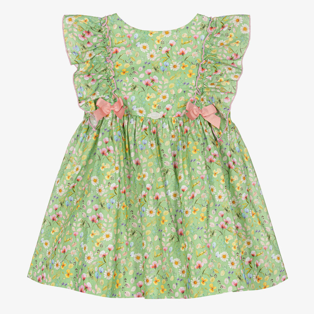 Miranda - Girls Green Cotton Floral Dress | Childrensalon