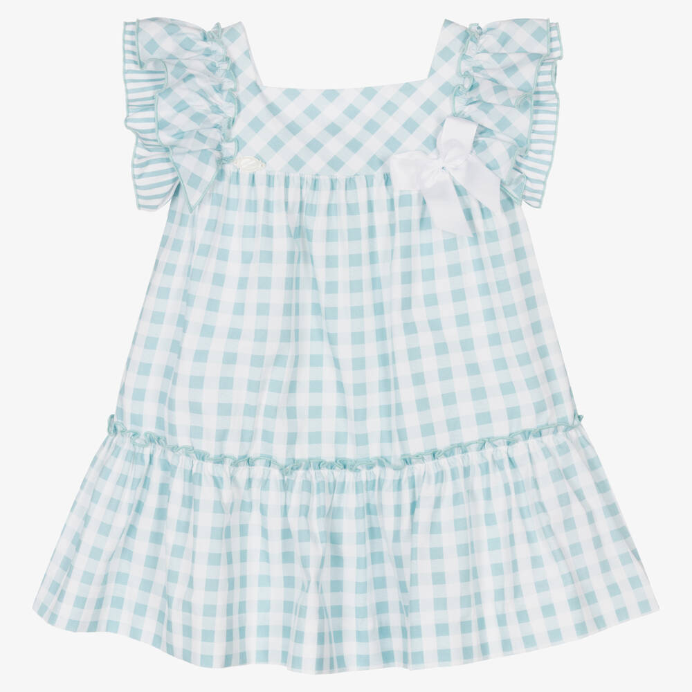 Miranda - Girls Green Cotton Gingham Check Dress | Childrensalon
