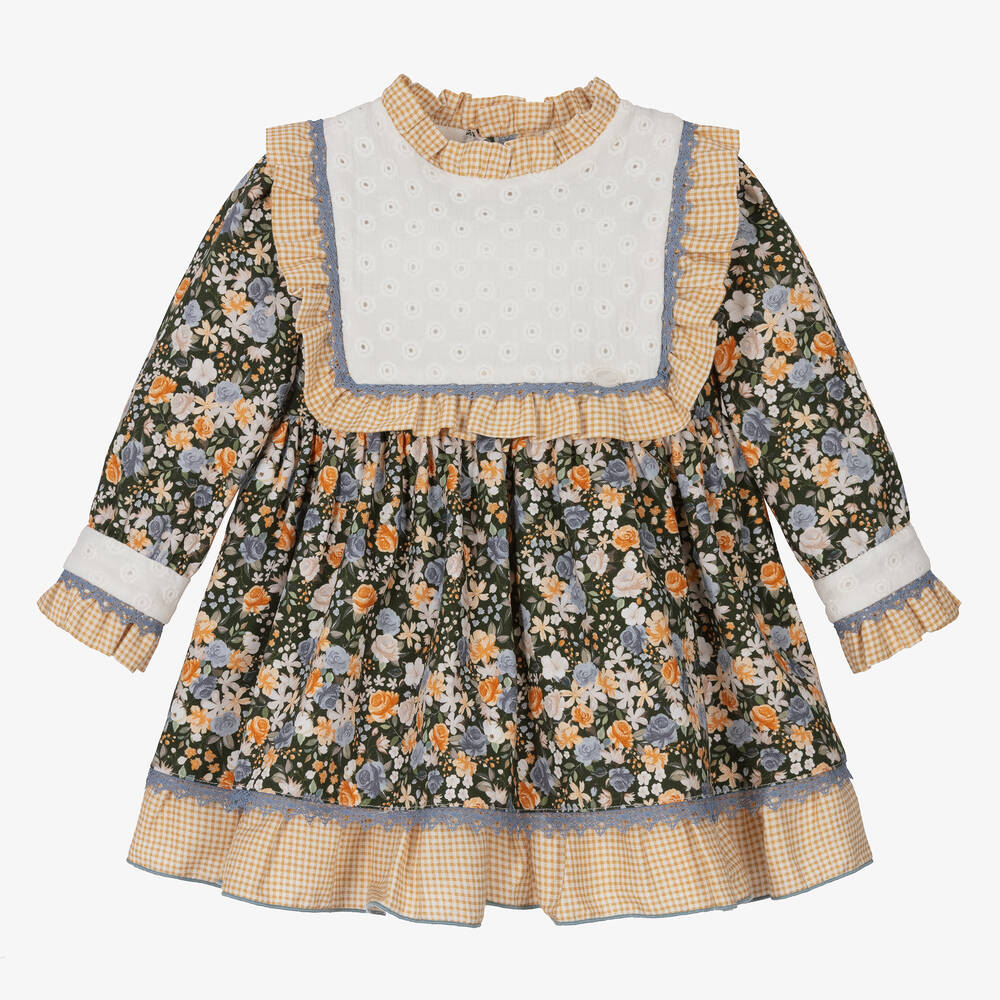 Miranda - Girls Green Floral Gingham Cotton Dress | Childrensalon