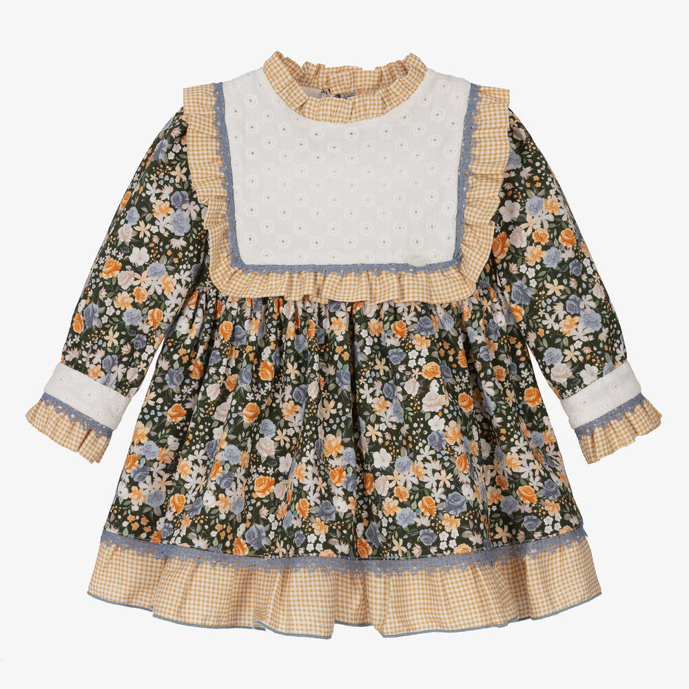 Miranda - Vichy- & Blumen-Baumwollkleid Grün | Childrensalon