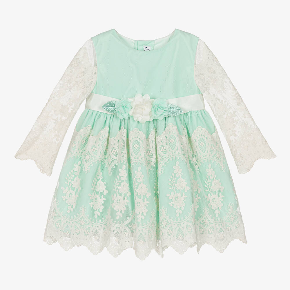 Miranda - Кремово-зеленое платье с кружевом | Childrensalon
