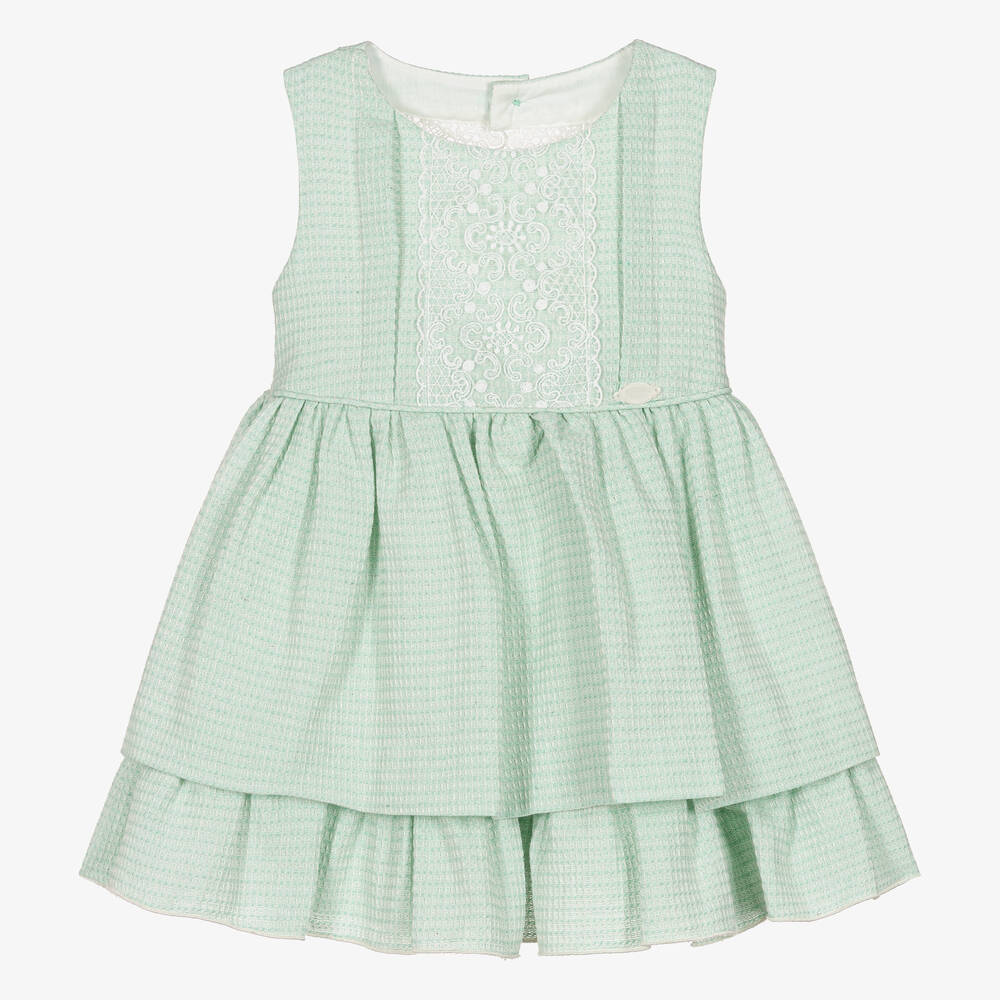 Miranda-فستان قطن جاكارد لون أخضر وأبيض مزين بدانتيل | Childrensalon Outlet