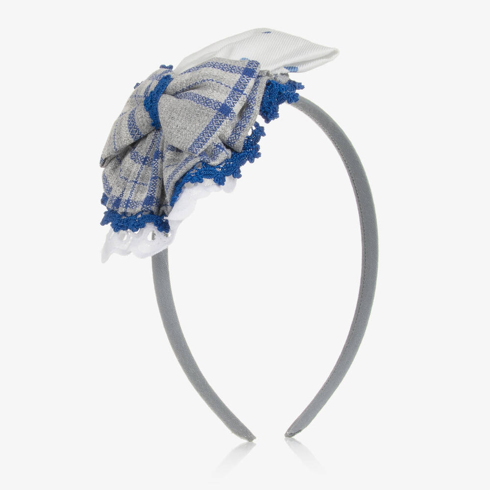 Miranda - Girls Grey & Blue Check Bow Hairband | Childrensalon