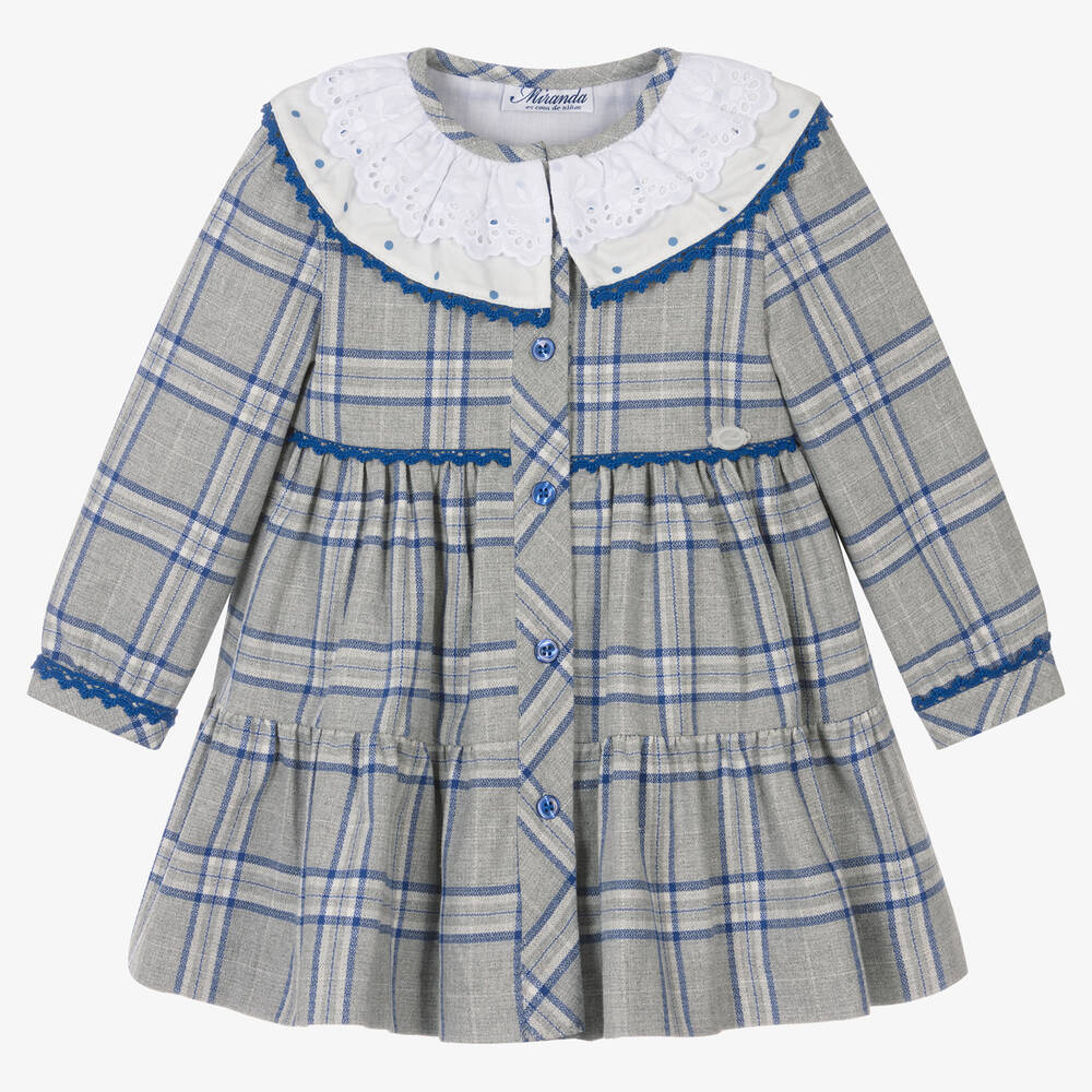 Miranda - Girls Grey & Blue Check Cotton Dress | Childrensalon