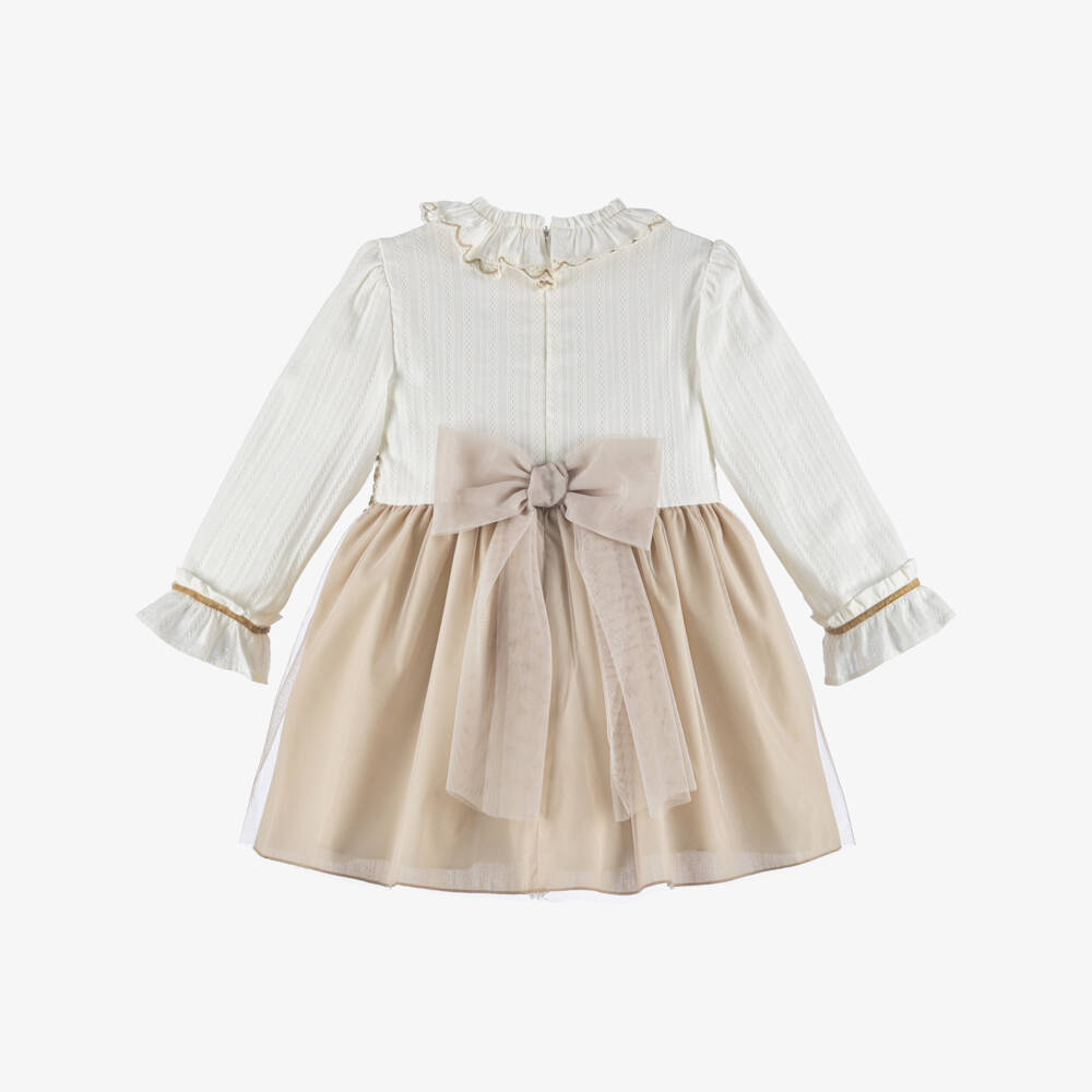 Miranda-Girls Ivory & Beige Tulle Dress with Lace Trims | Childrensalon Outlet