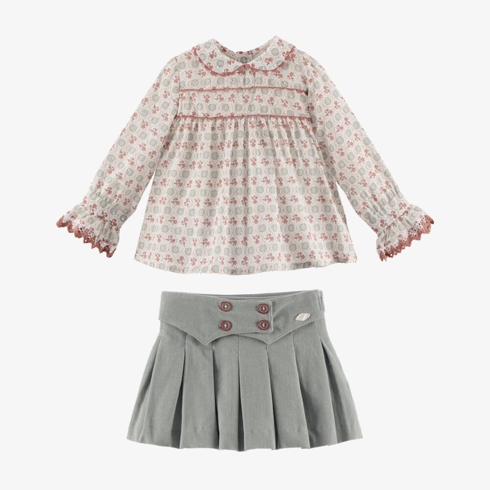 Miranda-Girls Ivory Floral Blouse & Green Needlecord Skirt Set | Childrensalon Outlet