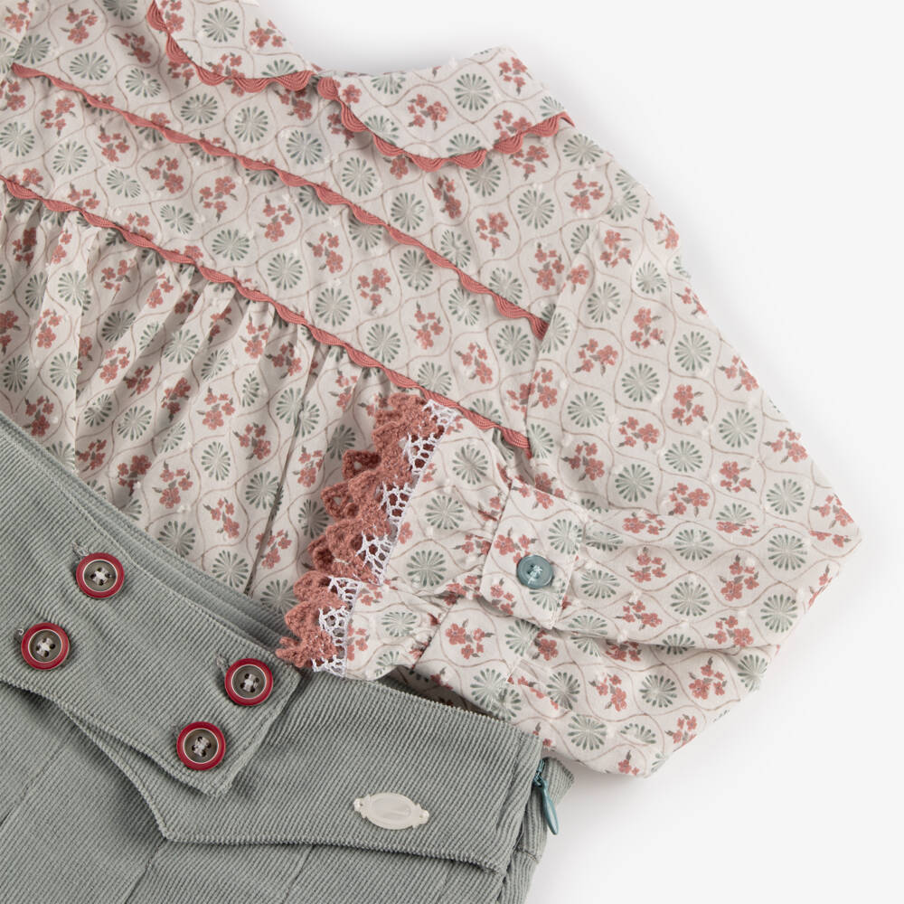 Miranda-Girls Ivory Floral Blouse & Green Needlecord Skirt Set | Childrensalon Outlet