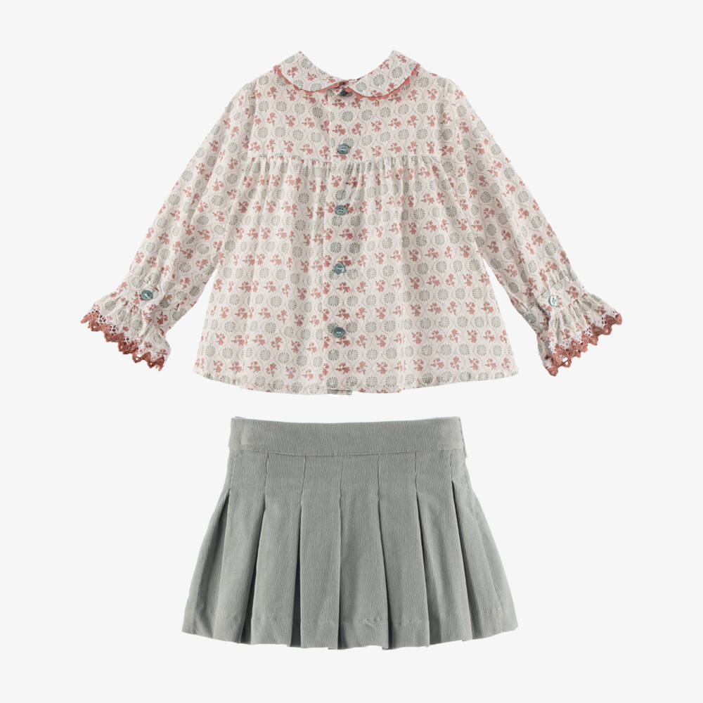 Miranda-Girls Ivory Floral Blouse & Green Needlecord Skirt Set | Childrensalon Outlet